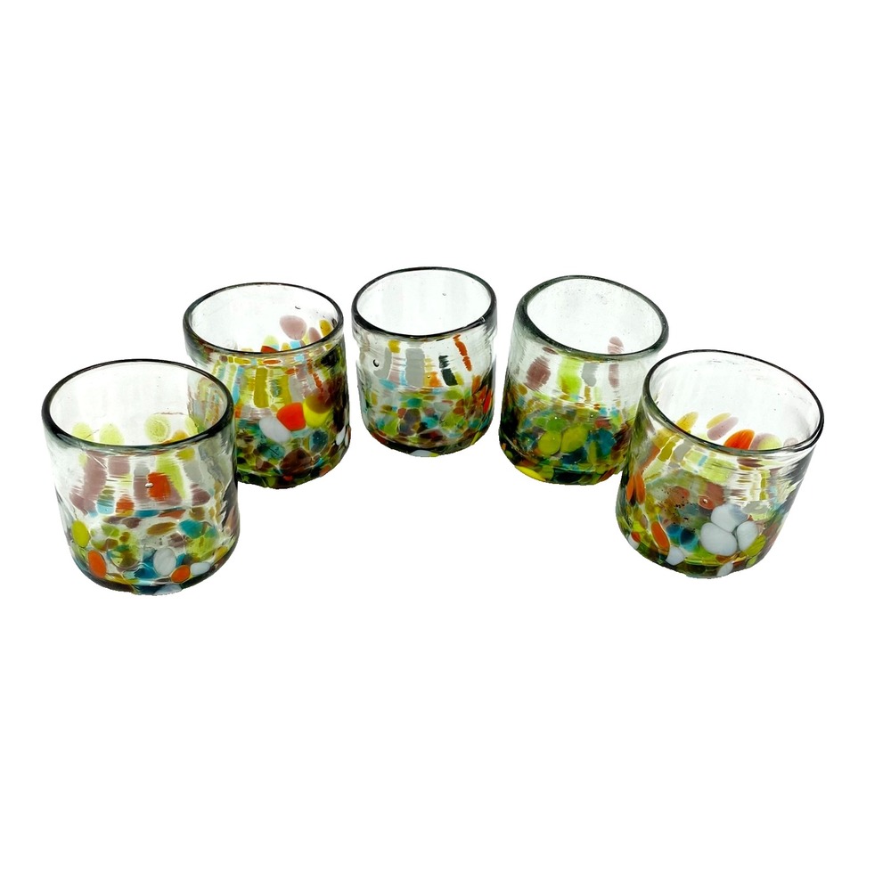 5 Hand Blown Mexican Tumblers Cups Confetti Glass 2.75" Tall Handcrafted V Fine